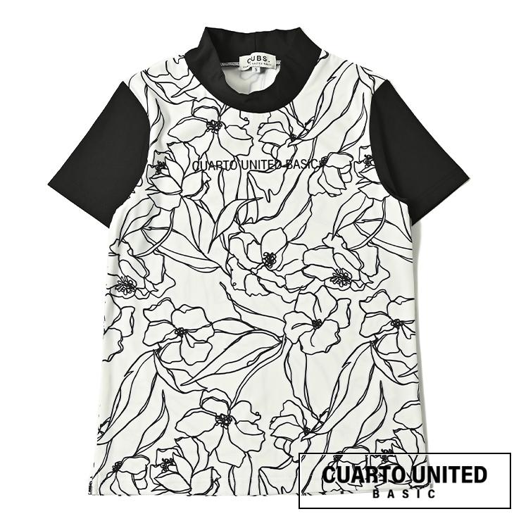 Cuarto UNITED モックネック 半袖カットソー モノトーン 花柄 立体ロゴ  