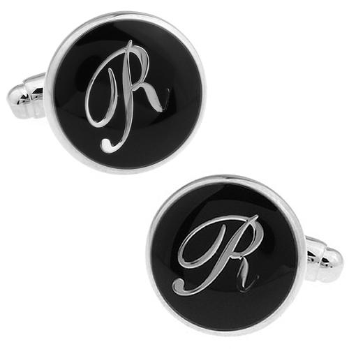 カフスボタン カフス ブラック イニシャル アルファベット R カフス カフリンクス メンズアクセサリー |  | 01
