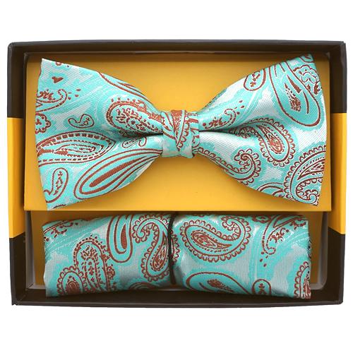 蝶ネクタイセット 蝶ネクタイ ポケットチーフ セット ペイズリー ターコイズグリーン |  | 01