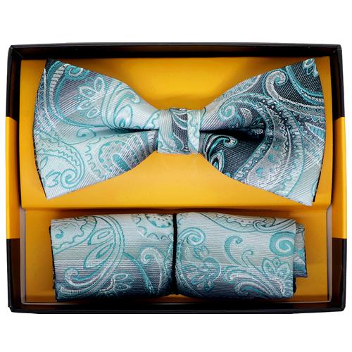蝶ネクタイセット 蝶ネクタイ ポケットチーフ セット ペイズリー ターコイズブルー |  | 01
