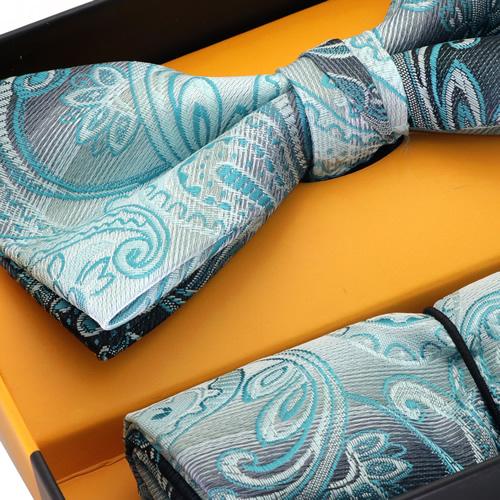 蝶ネクタイセット 蝶ネクタイ ポケットチーフ セット ペイズリー ターコイズブルー |  | 02