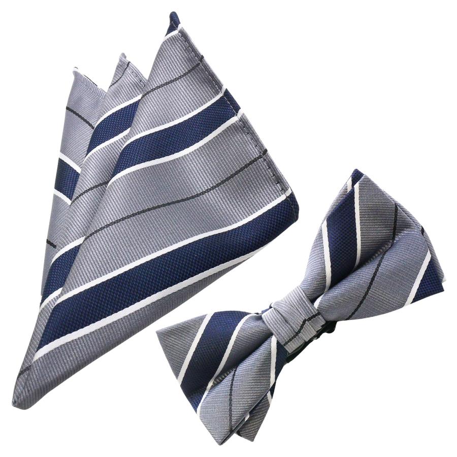 蝶ネクタイセット 蝶ネクタイ ポケットチーフ セット グレー ネイビー ストライプ |  | 01