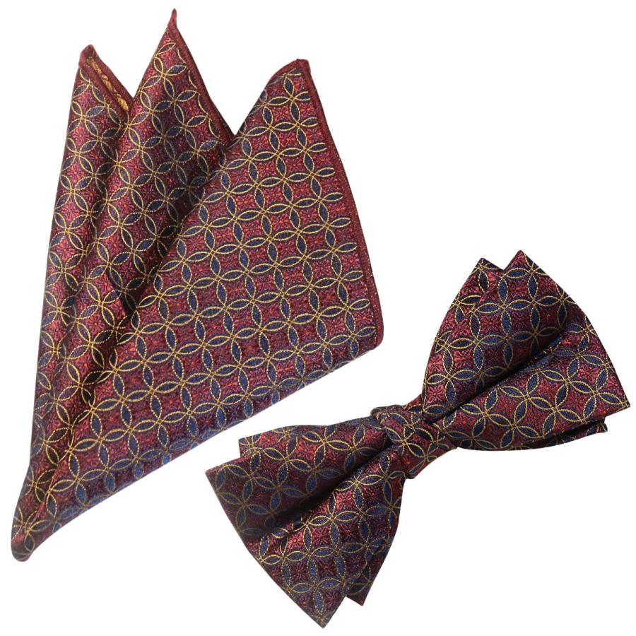 蝶ネクタイセット 蝶ネクタイ ポケットチーフ セット バーガンディ ネイビー 花柄 文様 |  | 01