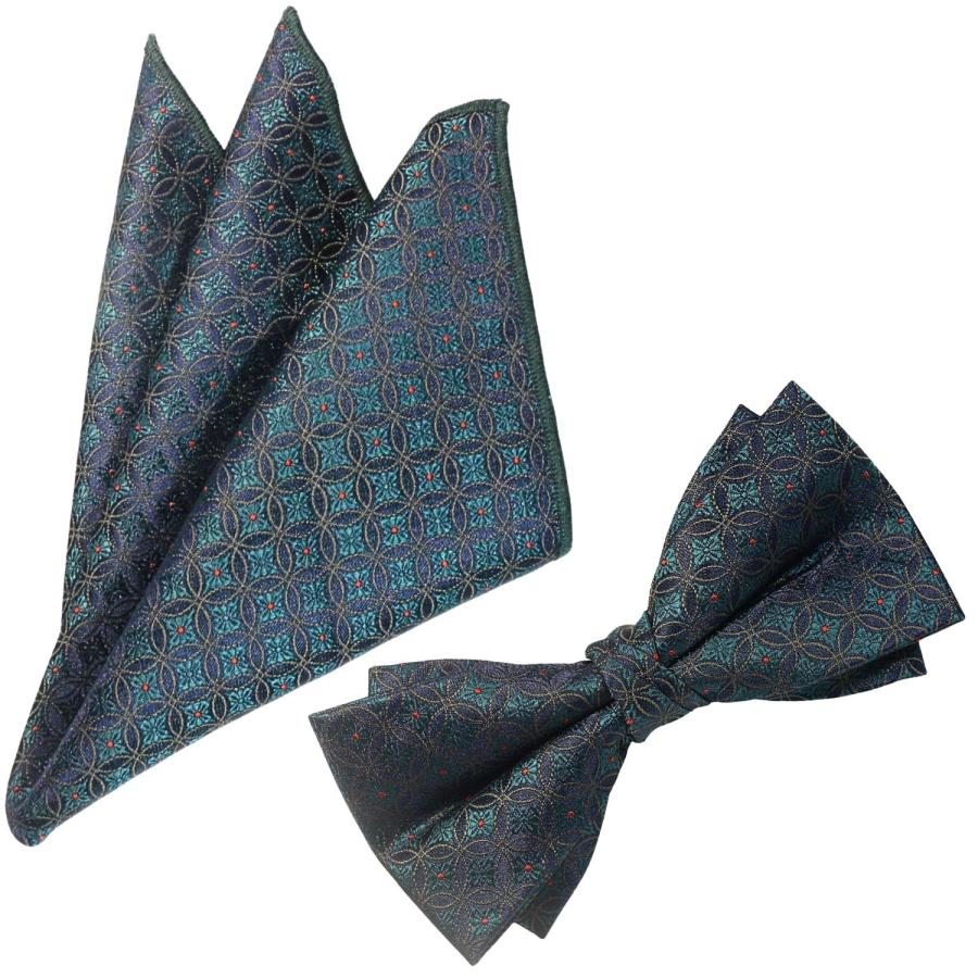 蝶ネクタイセット 蝶ネクタイ ポケットチーフ セット グリーン ネイビー 花柄 文様 |  | 01