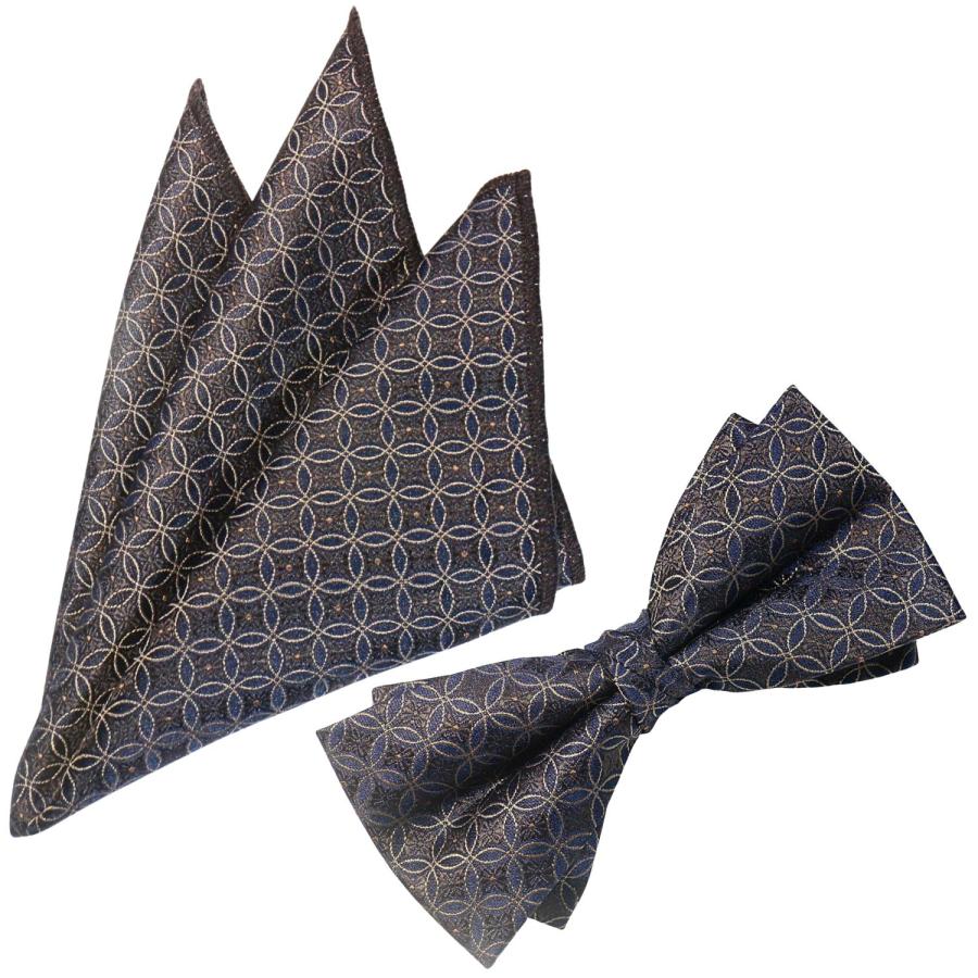 蝶ネクタイセット 蝶ネクタイ ポケットチーフ セット ブラウン ネイビー 花柄 文様 |  | 01