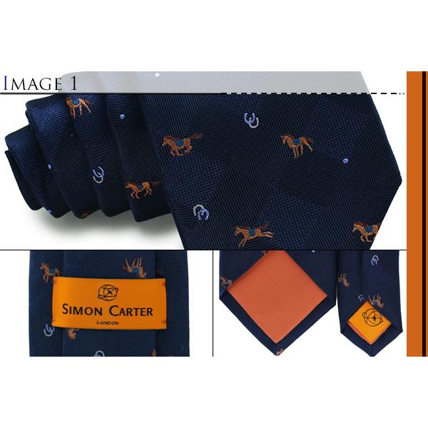 ネクタイ ブランド SIMON CARTER サイモン・カーター 馬 ブロックチェック シルク ネクタイ（ネイビー）レギュラータイ 午 ホースシュー 父の日 爆買 | SIMON CARTER | 02