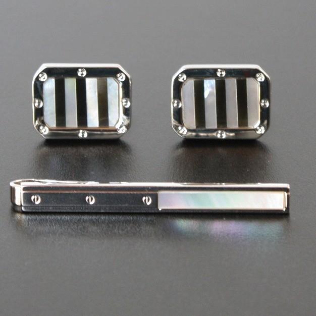 MOPネクタイピン　オニキスＭＯＰストライプカフスセット MOPネクタイピン オニキスMOPストライプカフスセット : 鎌倉カフス