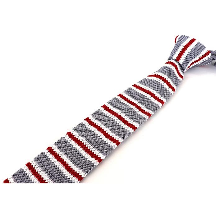 剣先尖山ニットタイ◇グレーベース白赤ボーダー柄◇スーツ フォーマル
