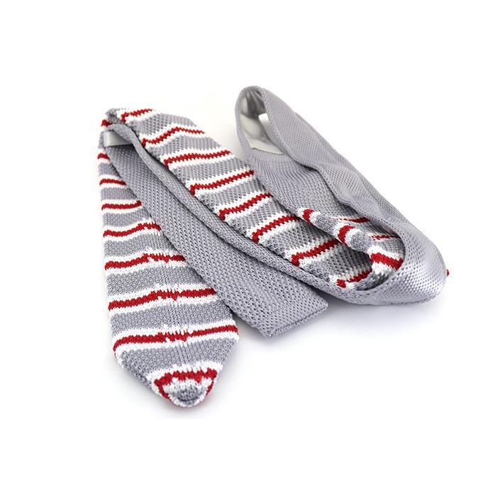 剣先尖山ニットタイ◇グレーベース白赤ボーダー柄◇スーツ フォーマル