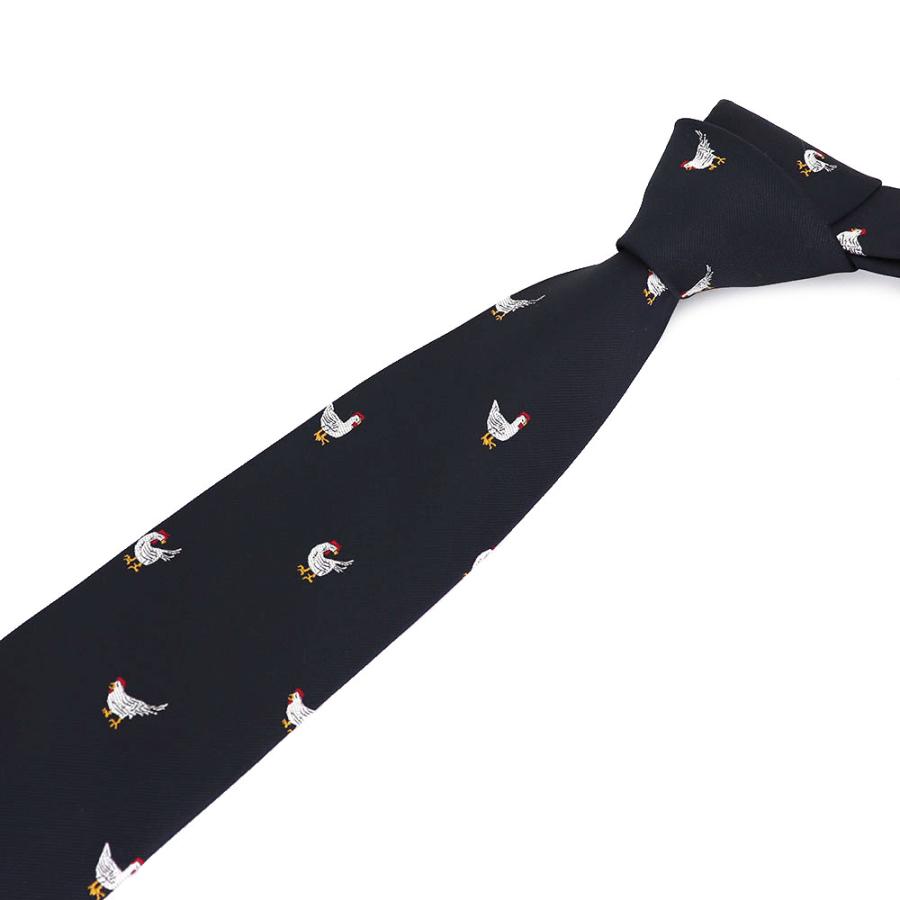 ネイビー地 にわとり柄刺しゅう 動物 ネクタイ 可愛い ポリエステル