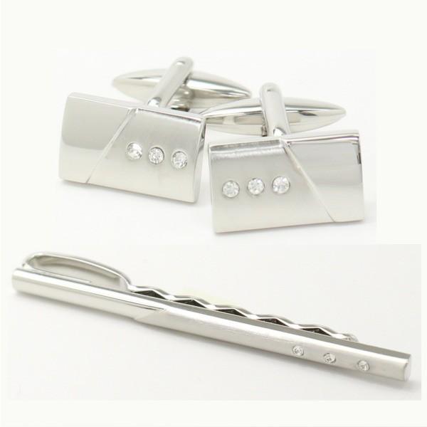 セット 3粒クリスタル シルバーの艶めきカフス タイピン セット メンズ
