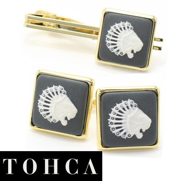 取寄品 カフスセット 陶華 TOHCA 取寄品 ゴールド スクウェア ライオン グレー カメオ メンズ ブランド プレゼント カフスマニア