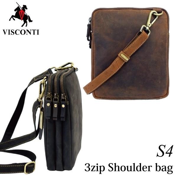 レザー ミニショルダー バッグ   S4 3ジップ ブラウン / ジップトップ 本革 オイルレザー VISCONTI | 