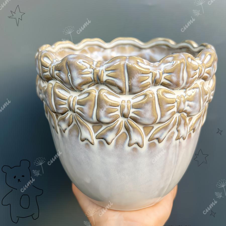 N0206 かわいいリボン 植木鉢 室内 陶器鉢 多肉 植物 鉢植え 激安 レア