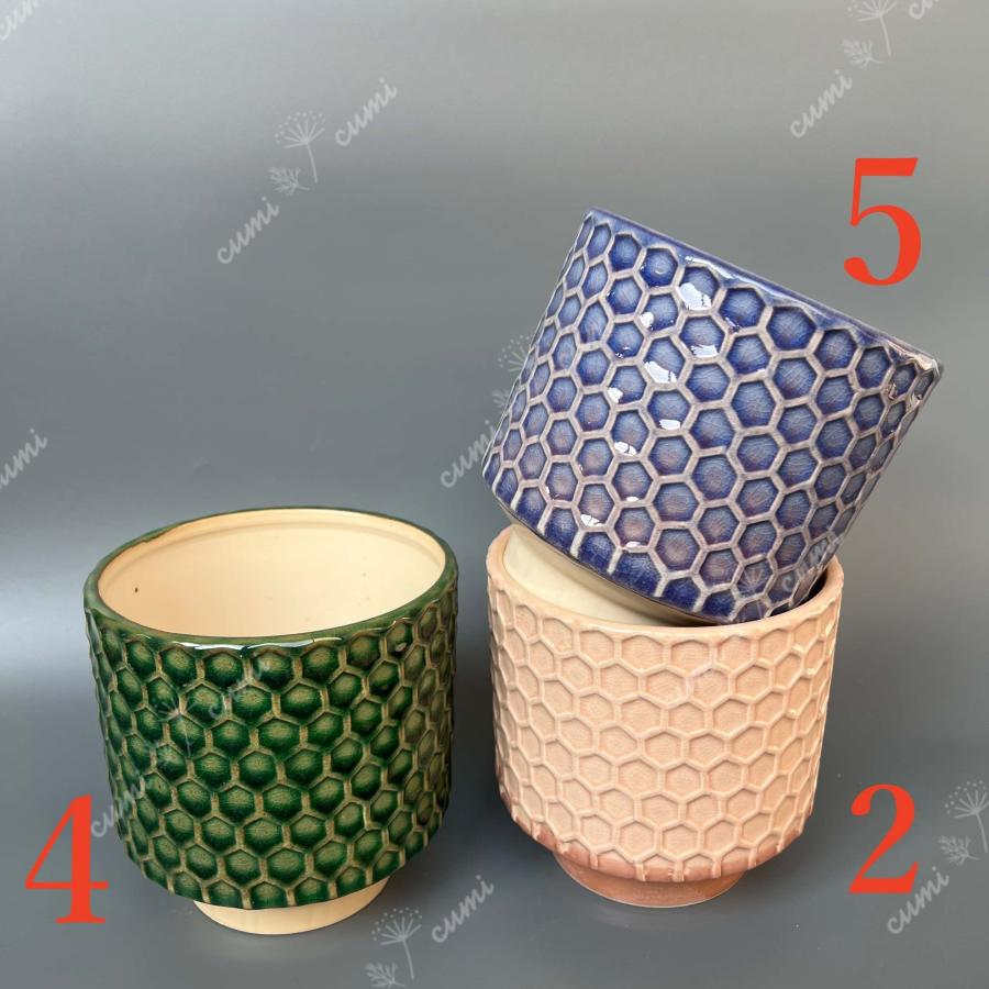 N0259 ドイツ 窯変 蜂の巣 凹凸 幾何模様 高品質 植木鉢 陶器鉢 多肉 