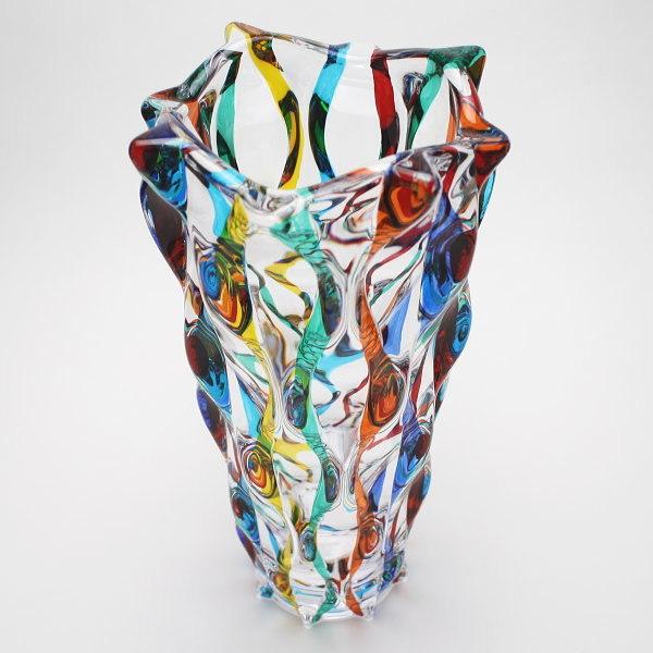 吹きガラス 花瓶 ブルー×ホワイト 約30cm イタリアアート 花器