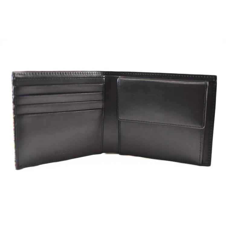ポールスミス 新品未使用！シグネチャーストライプ小銭入れ付き二つ折り牛革財布 黒 Paul Smith（ポール・スミス） 財布 メンズ 二つ折り シグネチャー