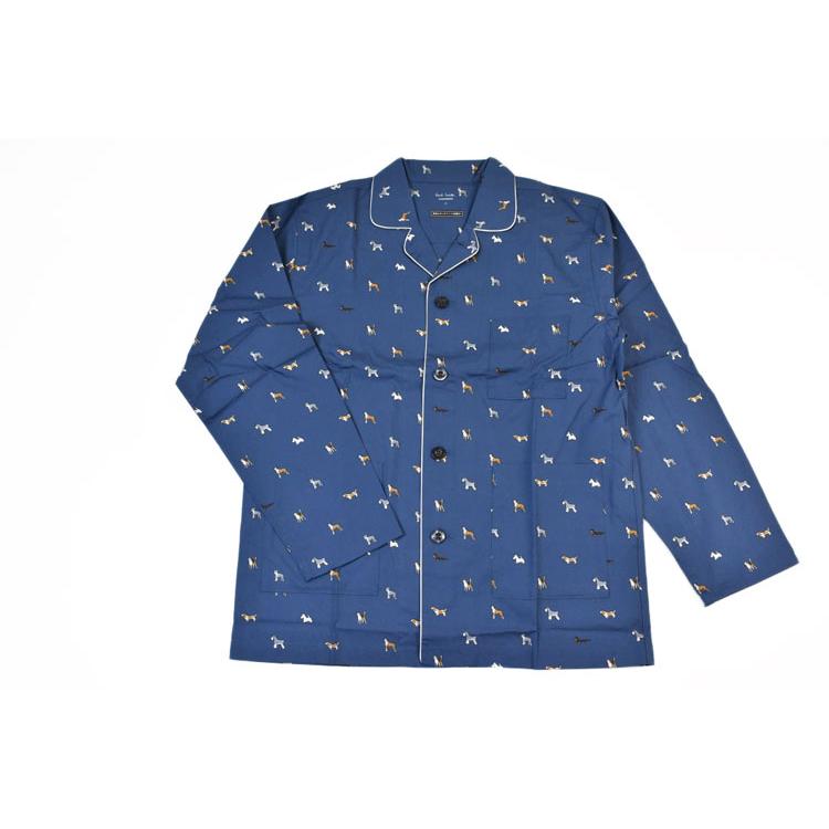 パジャマ メンズ ポールスミス ドッグ Dogs プリント 長袖 ロングパンツ 前開き 上下 セット ホームウェア M L LL 青 ダーク ブルー プレゼント ギフト 父の日 | Paul Smith | 01