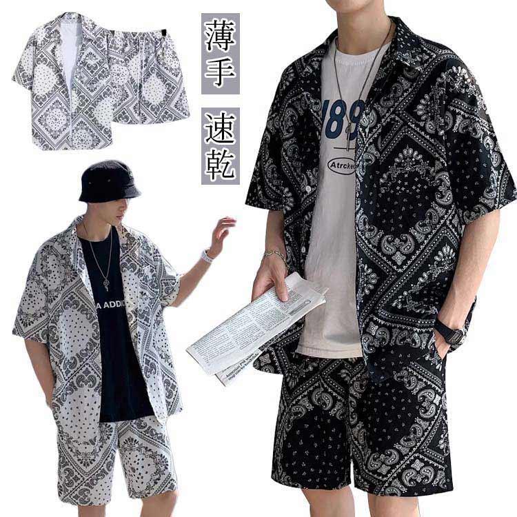 メンズ 半袖 ゆったり アロハシャツ セットアップ プリント 和柄