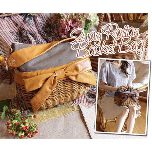 2way レザーリボン ラタン バスケット ショルダーバッグ かごバッグ  