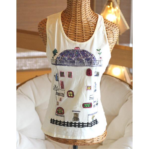 アシンメトリー タンクトップ タワーハウス プリント＆刺繍 Tシャツ one by one BY HAND 返品交換ギフト包装不可 レディース カットソー 9号 Mサイズ 半袖
