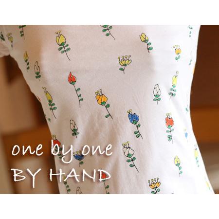 フラワーズ フリルドスリーブ プリント＆刺繍　Tシャツ one by one BY HAND ブランド デザイン レディース カットソー 返品交換ギフト包装不可 9号 Mサイズ