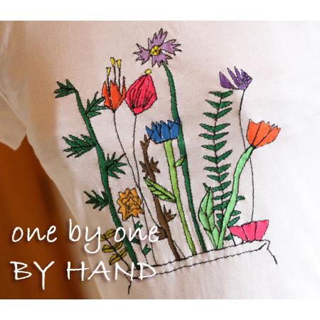 フラワーポット パフスリーブ プリント＆刺繍 Tシャツ one by one BY HAND ブランド デザイン レディース カットソー 返品交換ギフト包装不可 9号 Mサイズ