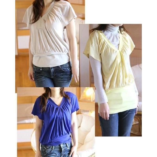 （激安セール）チュニック＆カットソー　2way * Vネック　ギャザー半袖カットソー（返品　交換　ギフト包装不可）
