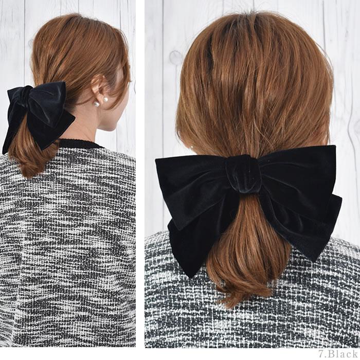 バレッタ リボン 大きめ ベロア レディース ヘアゴム ポニーフック
