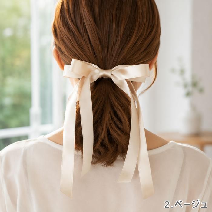 リボン バレッタ ヘアゴム ポニーフック サテン ヘアアクセサリー 髪