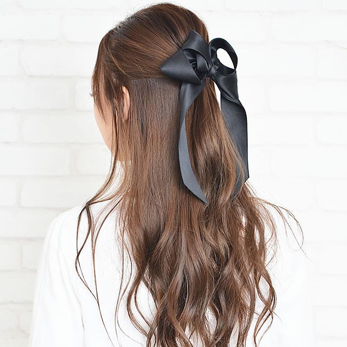 リボン バレッタ サテン 黒 ブラック 大きめ ヘアアクセサリー 結婚式