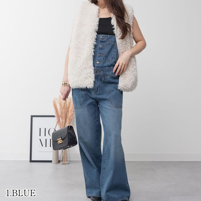 5営業日以内入荷) サロペット パンツ レディース ワイド デニム ロング