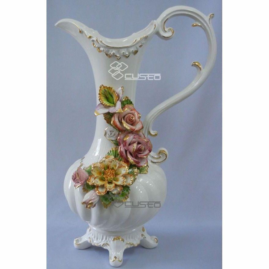 アンティーク イタリア製 取手付き花器 花瓶 前面豪華 陶器のバラの花