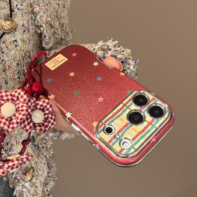 ピンク 星型装飾 iPhoneケース チャーム付き フラワーチャーム ストラップ付き チェック柄 星柄 高級感 レトロ感