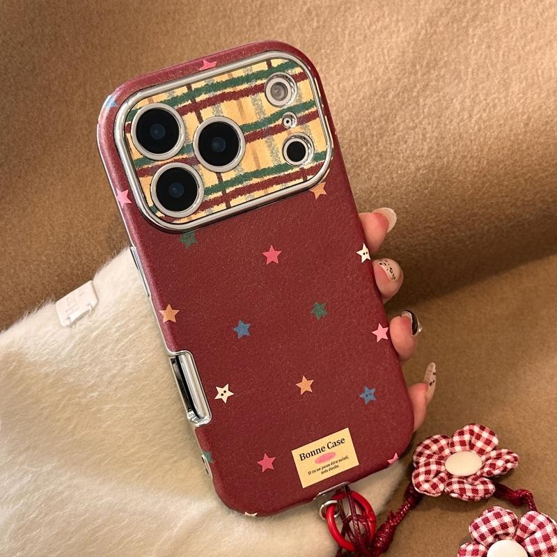 フラワーチャーム ストラップ付き チェック柄 星柄 高級感 レトロ感