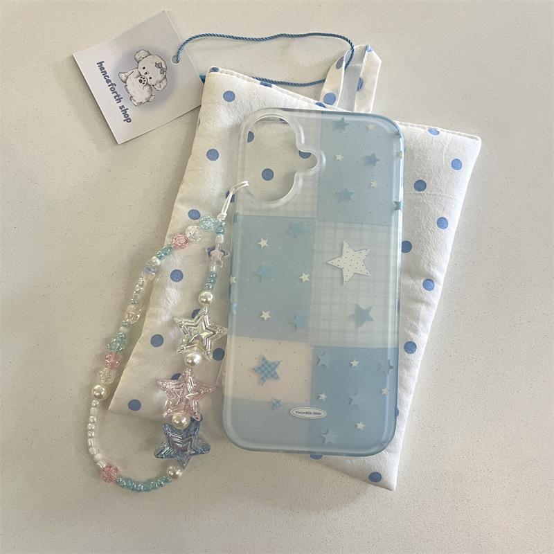 ガーリー 韓国風 ブルー 星柄 ステッチ風 星型ビーズストラップ付 携帯