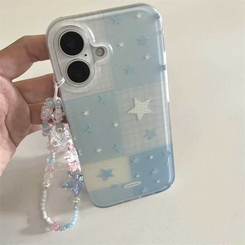 スマホケース 水色×星柄 柔らか素材 ガーリー 韓国風 ブルー 星柄 ステッチ風 星型ビーズストラップ付 携帯