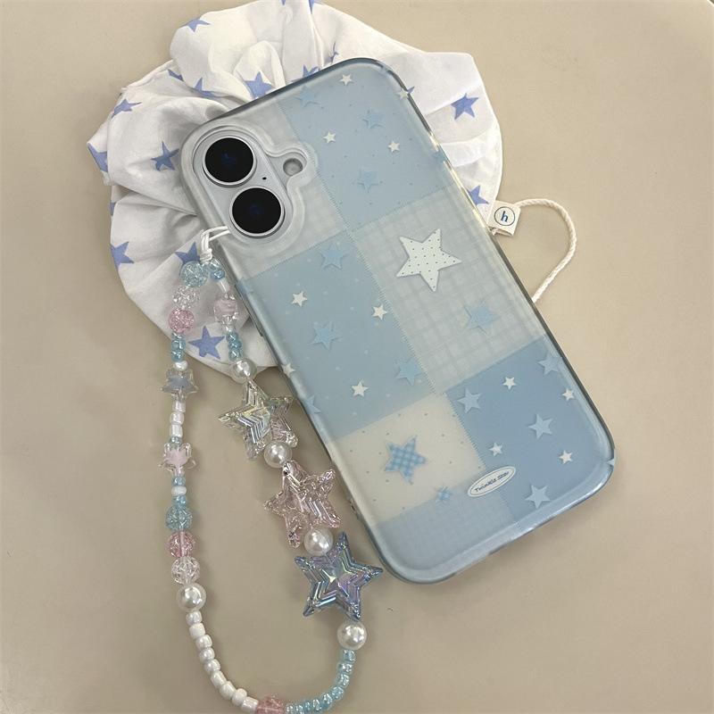 スマホケース 水色×星柄 柔らか素材 ガーリー 韓国風 ブルー 星柄 ステッチ風 星型ビーズストラップ付 携帯