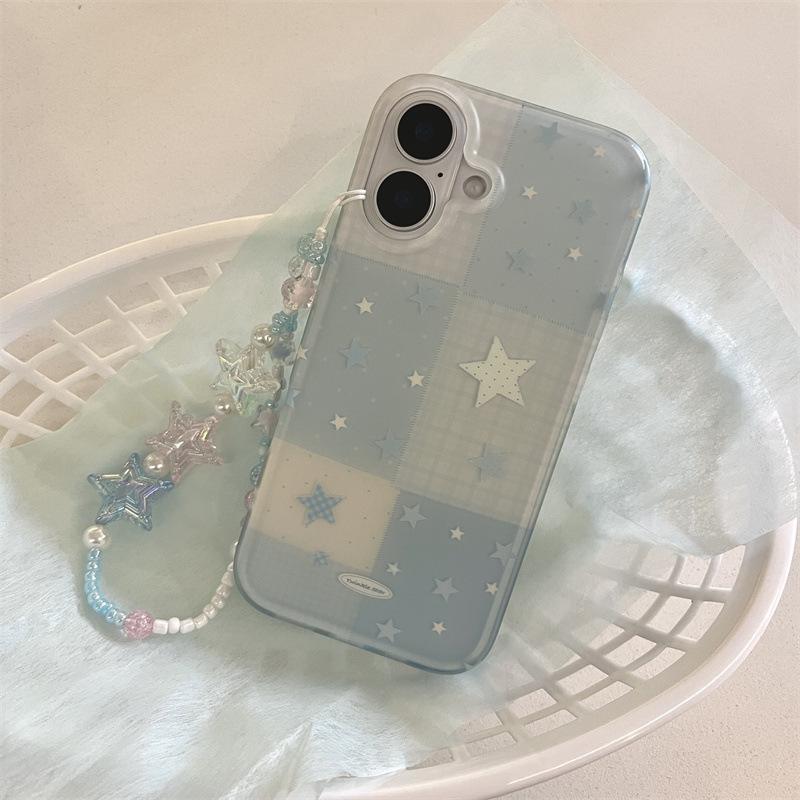 ガーリー 韓国風 ブルー 星柄 ステッチ風 星型ビーズストラップ付 携帯