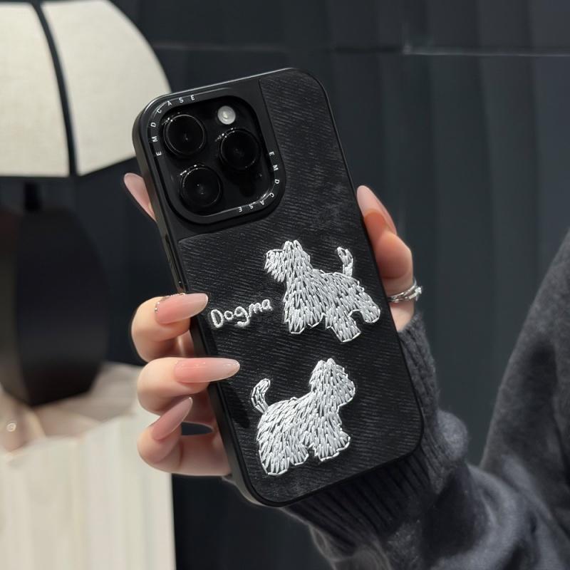 デニム コーデュロイ 刺繍風ドッグ 犬 お洒落 iPhoneケース