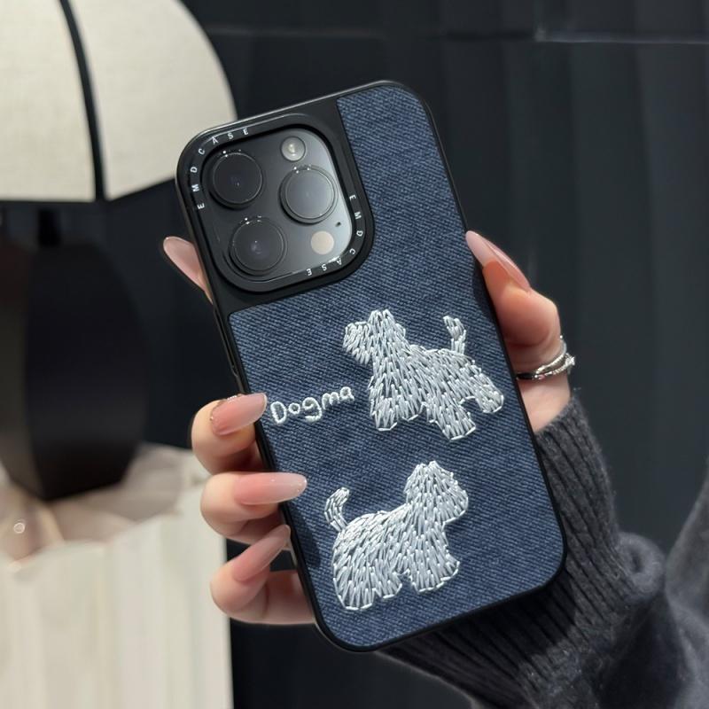 デニム コーデュロイ 刺繍風ドッグ 犬 お洒落 iPhoneケース