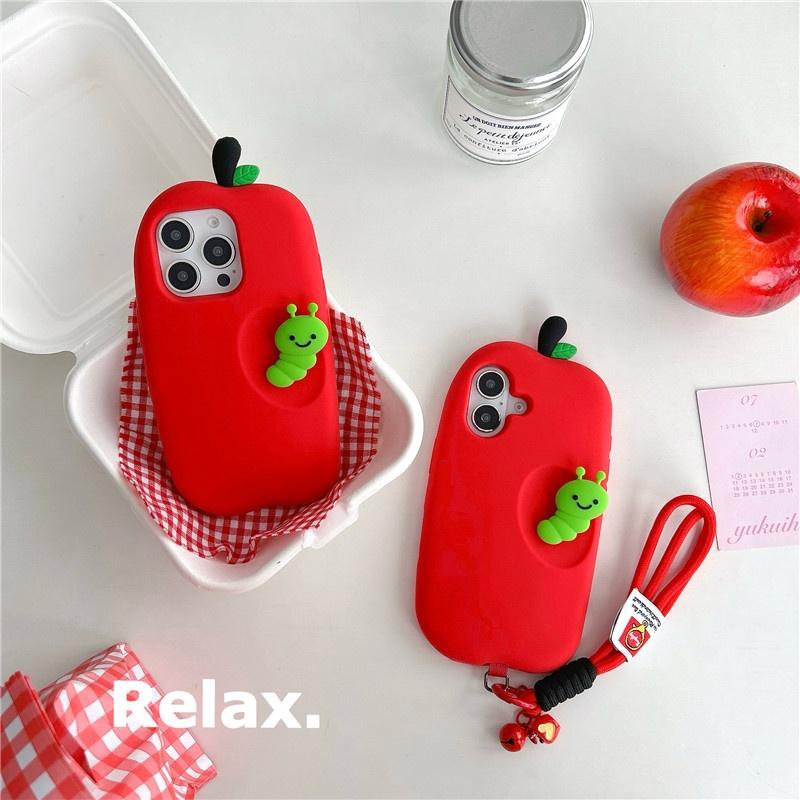 立体 赤りんご 青虫 紐付きハンドストラップ付き ショットストラップ