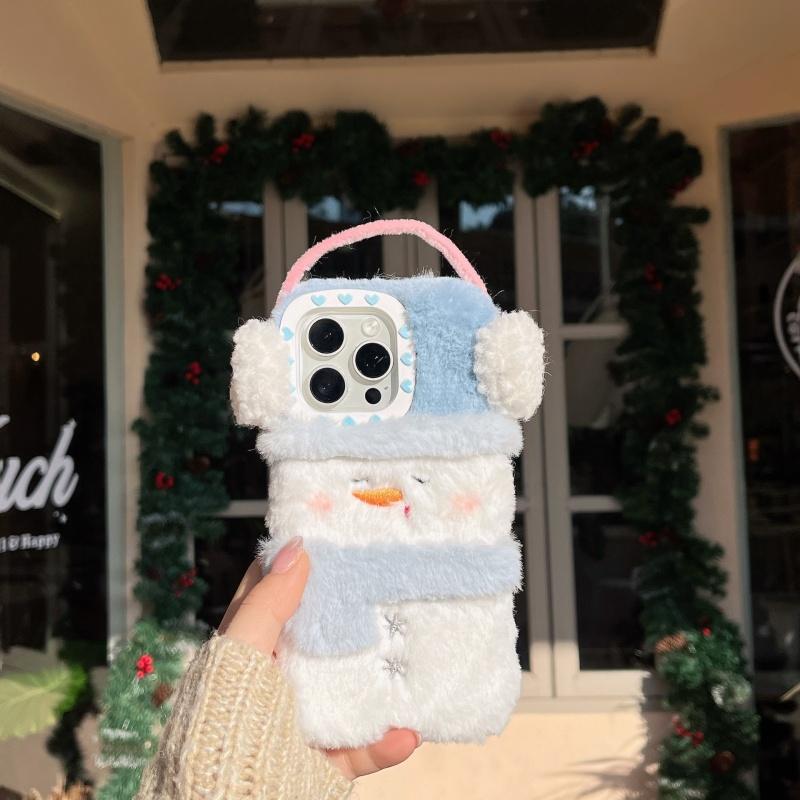 ぬいぐるみ風 ふんわり雪だるま 耳あて雪だるま手提げありスマホケース