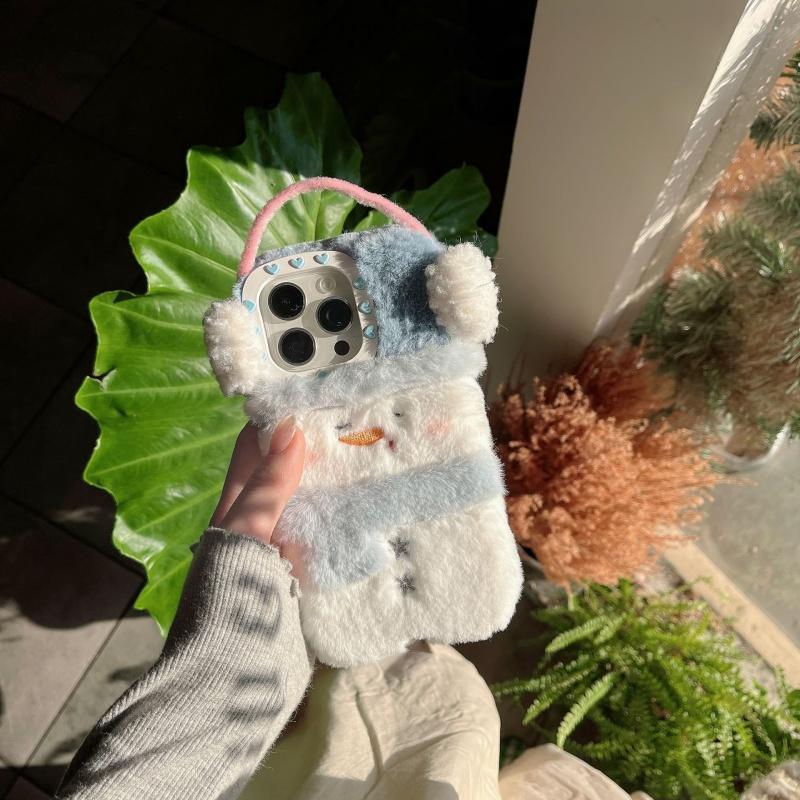 ぬいぐるみ風 ふんわり雪だるま 耳あて雪だるま手提げありスマホケース