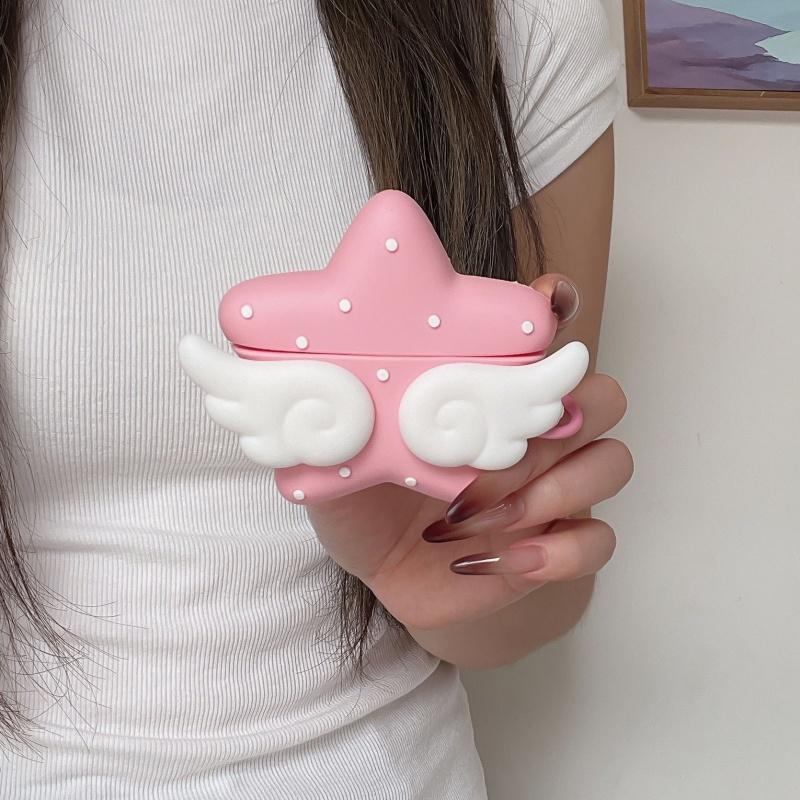 ピンク ドッド柄 星型 天使の羽airpodsケースAirPods ProケースAirPods