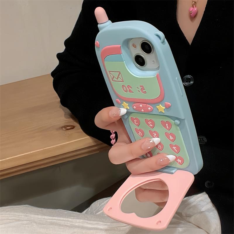 ガラケー型シリコン鏡付きマカロン色折りたたみ多機能スマホケース携帯