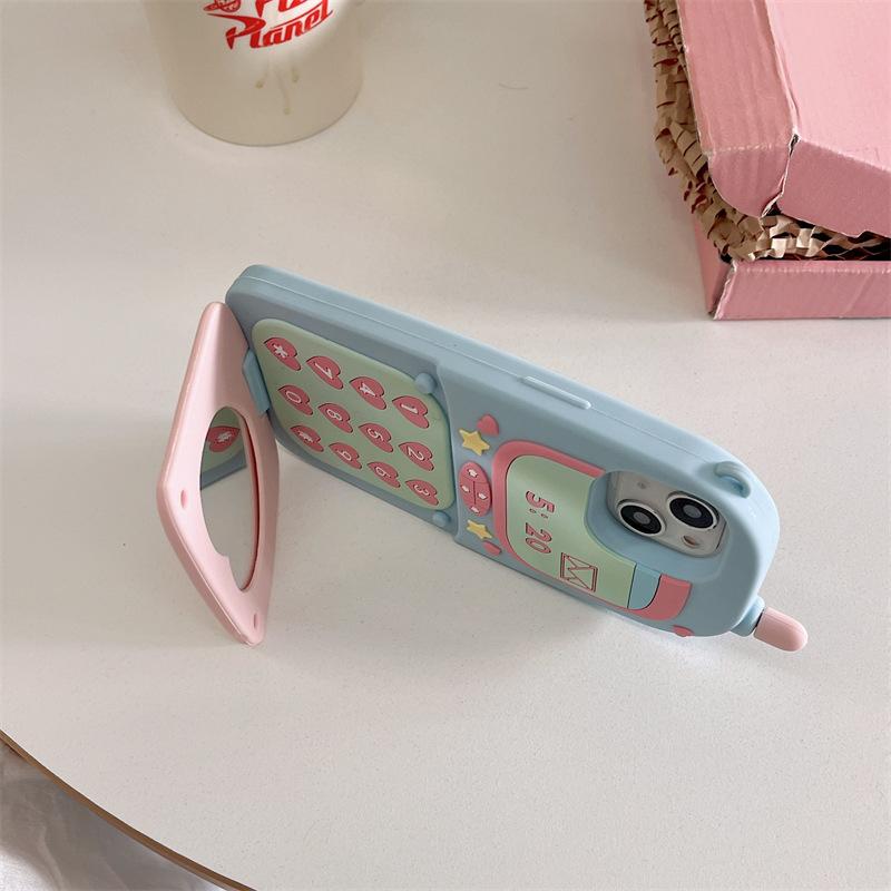 ガラケー型シリコン鏡付きマカロン色折りたたみ多機能スマホケース携帯