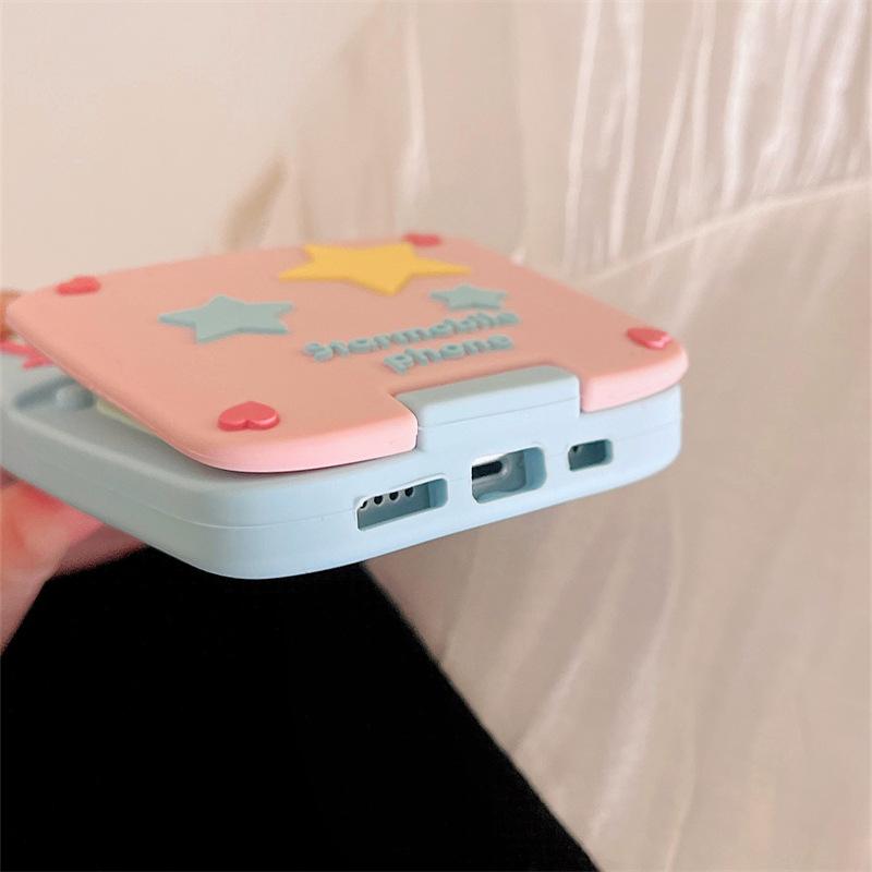 ガラケー型シリコン鏡付きマカロン色折りたたみ多機能スマホケース携帯
