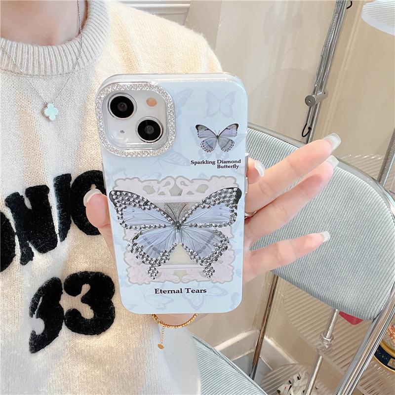 ミステリー青い蝶ビジューキラキラ輝き幸運おしゃれiPhoneケース携帯
