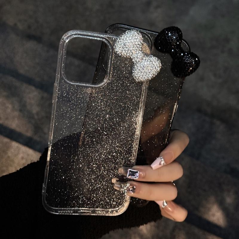 キラキラ輝きビジュリボン クリア 黒 透明 ラメ スマホケースiPhone